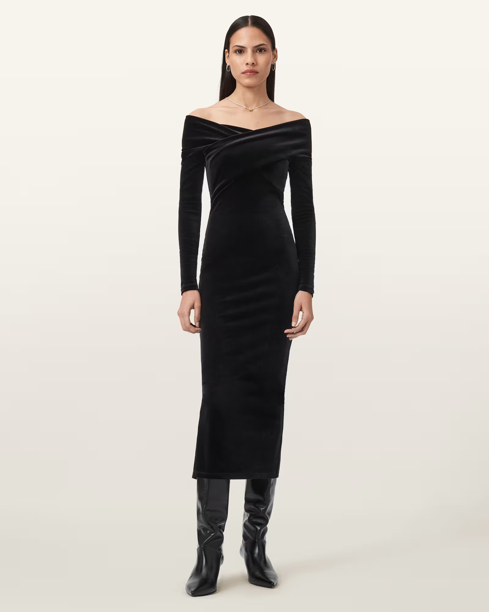 Delta Velvet Midi Dress Black | ALLSAINTS | AllSaints UK
