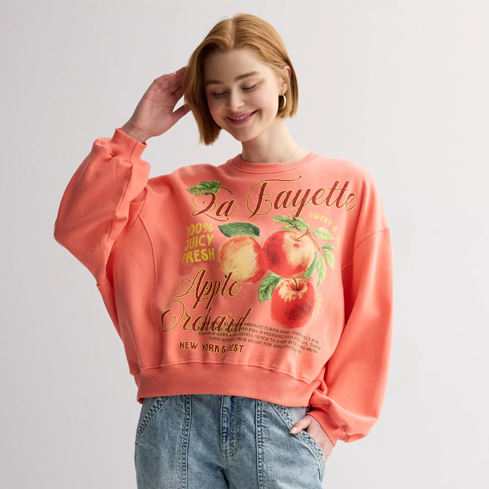 Juniors' Threads of Luxx La Fayette Apple Orchard Fleece Crewneck Pullover | Kohl's