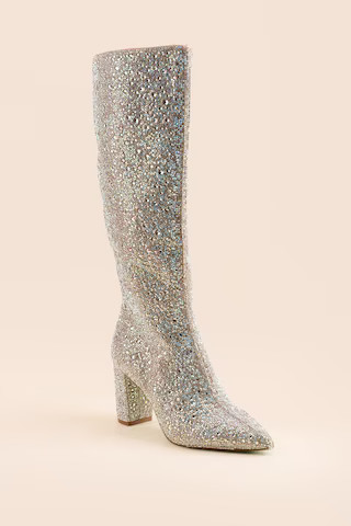 Women's Betsey Johnson Candy Tall Rhinestone Boots in Silver by Francesca's - Size: 7.5 | Francesca's