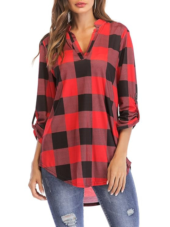 St. Jubileens Women Roll-Up 3/4 Sleeve Plaid Shirt Tunic V Neck Casual Pullover Blouses Tops | Amazon (US)