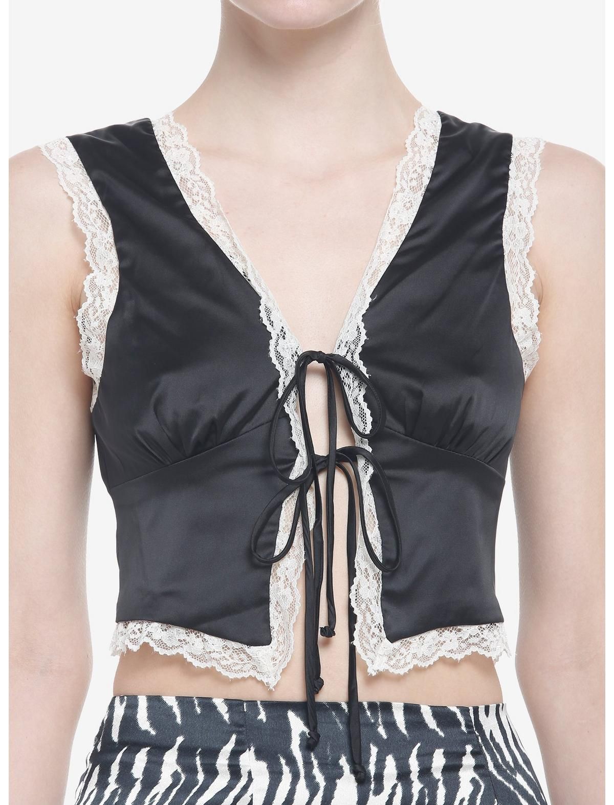 Black Satin Lace Tie-Front Cropped Girls Vest Top | Hot Topic