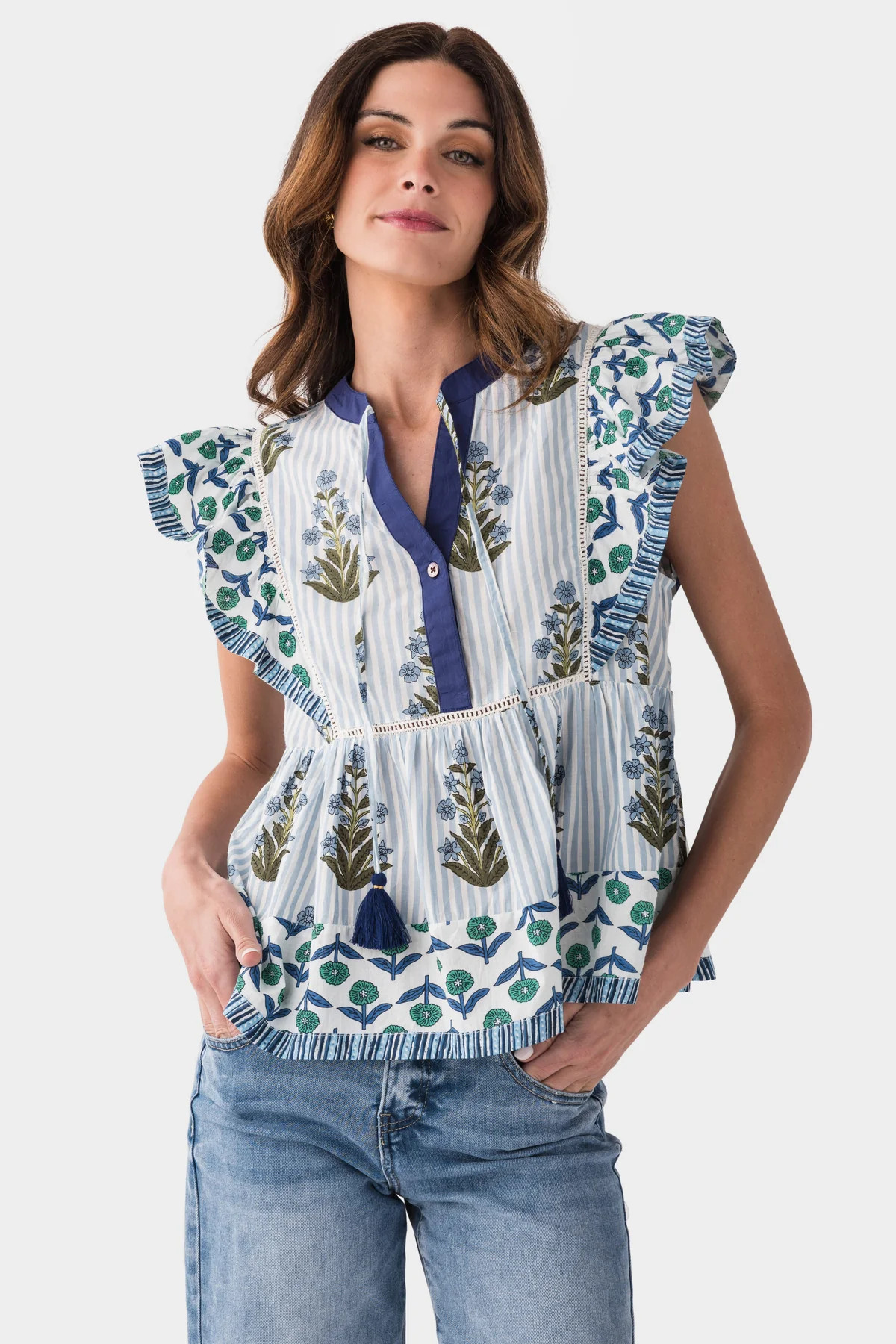 THML Lily Flutter Sleeve Floral Tassel Tie Top | Social Threads