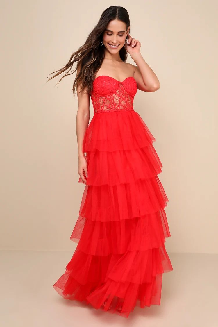 Radiant Design Red Tulle Lace Strapless Bustier Maxi Dress | Lulus