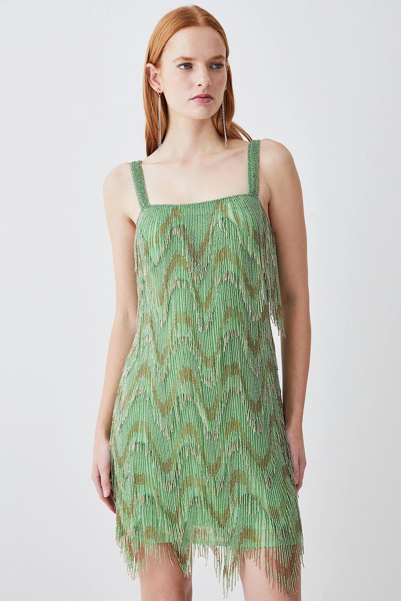 Square Neck Embellished Fringed Mini Dress | Karen Millen US