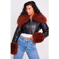 Black Corset Panelled Faux Mongolian Fur Trim Faux Leather Jacket | PrettyLittleThing US