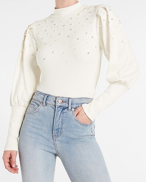 Embellished Mock Neck Puff Sleeve Top | Express