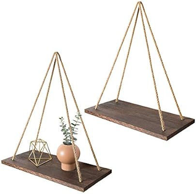 Mkono Boho Wall Hanging Shelf, Set of 2 Wood Floating Shelves for Wall Rustic Rope Shelves Plant ... | Amazon (US)
