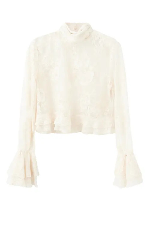 MANGO Blusa Lace Ruffle Cuff Top in Ecru at Nordstrom, Size 4 | Nordstrom