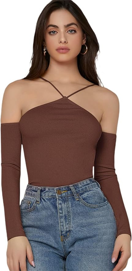 Floerns Women's Off Shoulder Long Sleeve Halter Neck Rib Knit Tee Shirt Tops | Amazon (US)