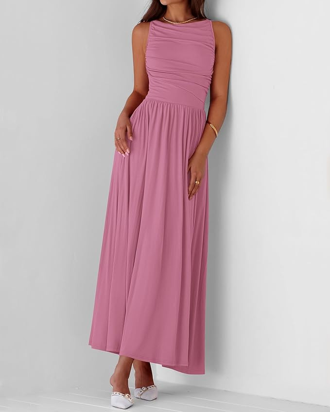 BTFBM Women 2025 Summer Sleeveless Ruched Maxi Dresses Boat Neck High Waist Wedding Guest Cocktai... | Amazon (US)