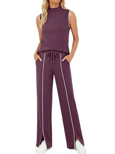 Casly Lamiit 2 Piece Sets for Women Summer Travel Outfits Sleeveless Top Striped Pants Sets Beach Vacation Clothing Grape Purple XS | Amazon (US)