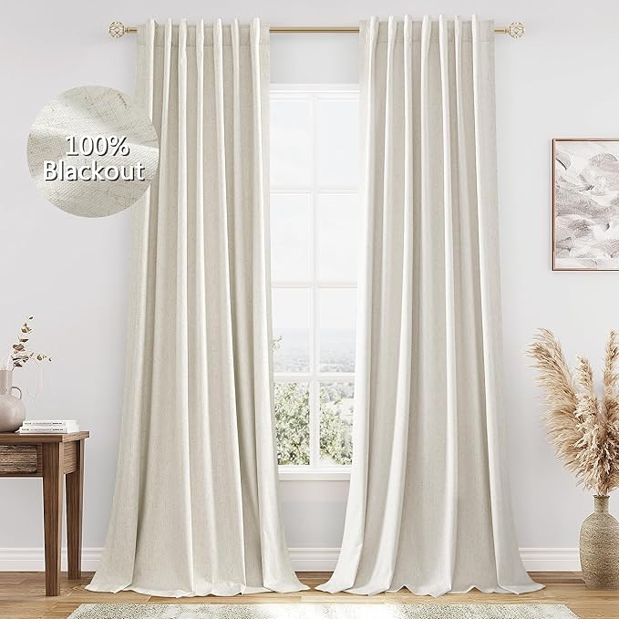 Cream Linen Blackout Curtains 90 Inch Length 2 Panels Set for Living Room Bedroom Back Tab Therma... | Amazon (US)
