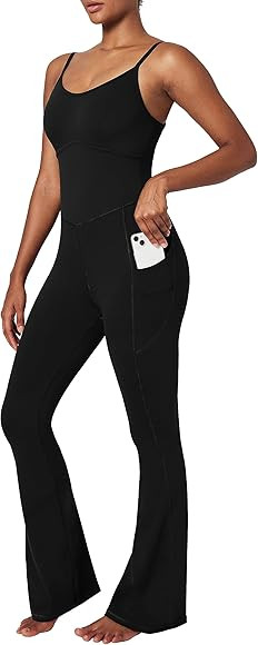 Ewedoos Flare Jumpsuits for Women with Pockets Adjustable Strap Sculpting Bodycon Jumpsuit Unitard T | Amazon (US)