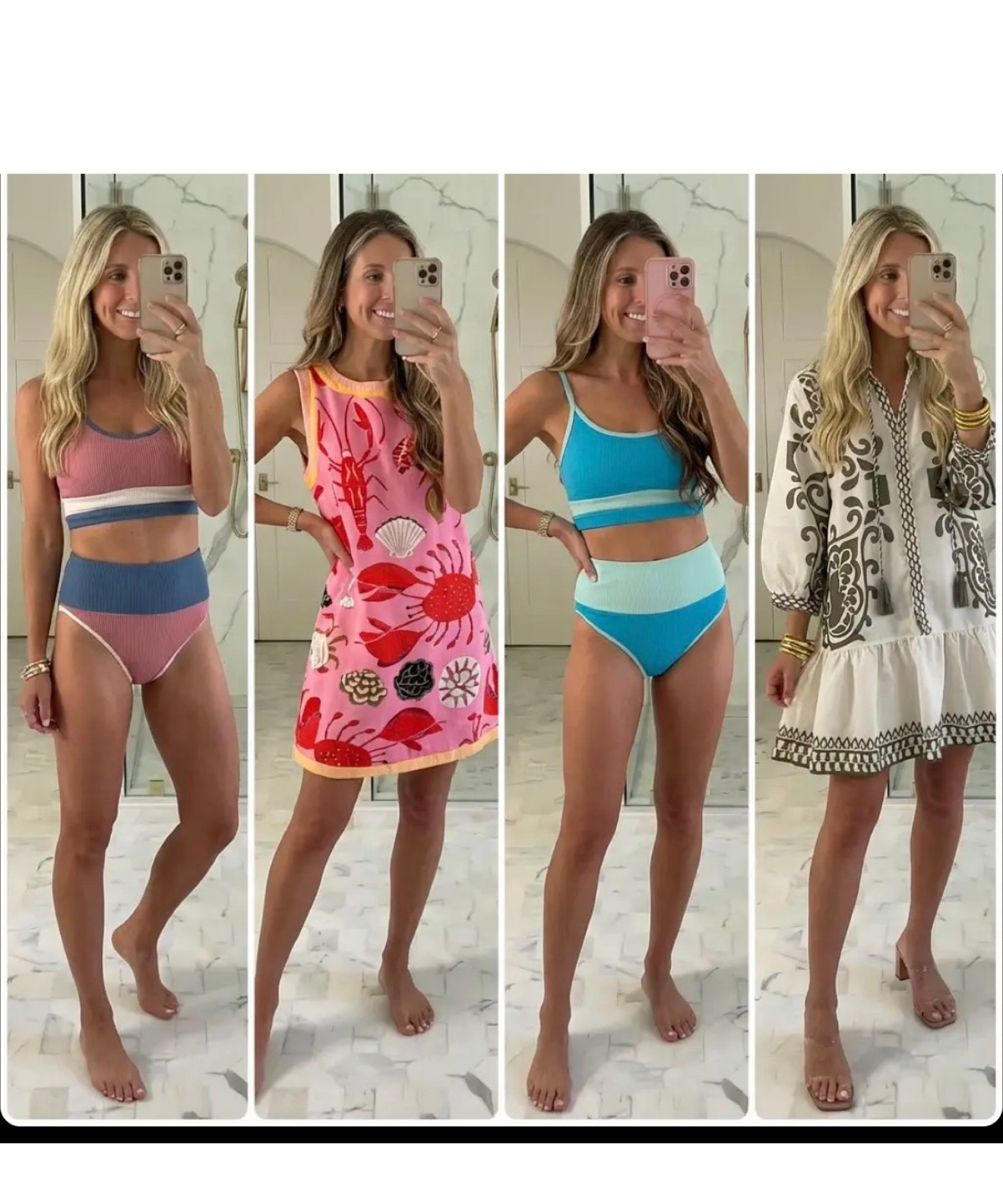 A light-filled bathroom mirror-selfie collage featuring four feminine summer maxi and midi dresses worn by the same woman. Soft natural daylight, white marble flooring, clean neutral background. Look 1: white and pale blue striped sleeveless midi dress with delicate straps, airy and coastal. Look 2: tiered midi dress with vibrant multicolor floral and geometric prints, relaxed boho charm. Look 3: sleeveless fitted maxi dress with horizontal woven stripes in purple, pink, and neutral tones, modern bohemian feel. Look 4: coral and pink tiered maxi dress with mixed stripe and check patterns, playful resort style. Effortless styling, cohesive color story, editorial Pinterest layout, fashion influencer aesthetic, high resolution, no text.

Hashtags:
#summerdresses #maxidressstyle #bohostyle #resortwear #pinterestfashion #coastalvibes #europeansummer #vacationoutfits #effortlessstyle #colorfulfashion #resortstyle #styledsummer #ootdinspo #fashioninspo #trendystyle #travelstyle

#LTKSeasonal #LTKGiftGuide #LTKActive