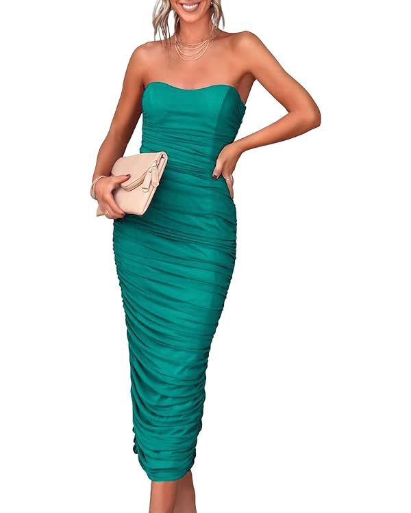 ANRABESS Women Ruched Bodycon Dress 2023 Summer Sexy Strapless Sleeveless Slit Party Cocktail Clu... | Amazon (US)