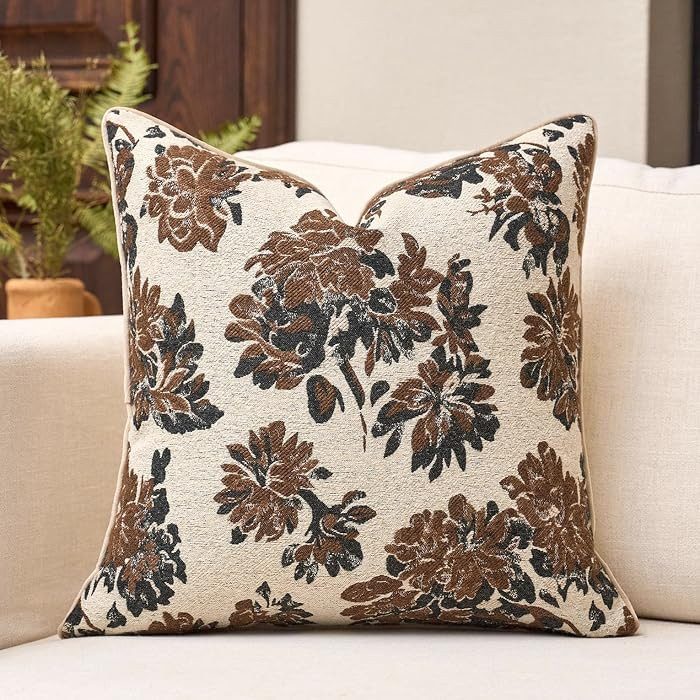 Summer Floral Throw Pillow Cover 18x18 Inch Beige Brown Vintage Flower Pillow Cover Farmhouse Cus... | Amazon (US)