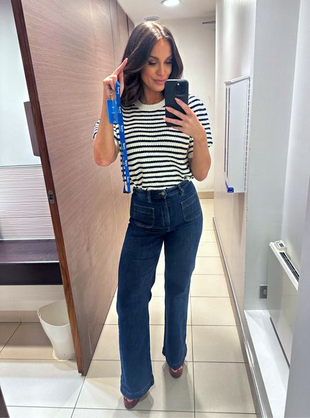 Cute sailor inspired blue and white stripe capped sleeve top and high waisted dark wide legged jeans. 

#LTKspring #LTKstyletip #LTKworkwear