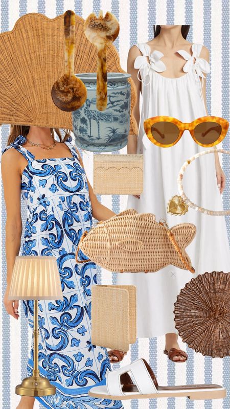 Summer dresses! Blue and white finds perfect for the 4th or July and resort vacation! 

Blue and white dress, wicker bag, cordless light, travel passport case, card case, wallet, beaded necklace, sunglasses, woven placemat, headboard, scalloped headboard, salad servers, hostess, al fresco dining, coastal, Greece, European vacation, Grecian, home decor 