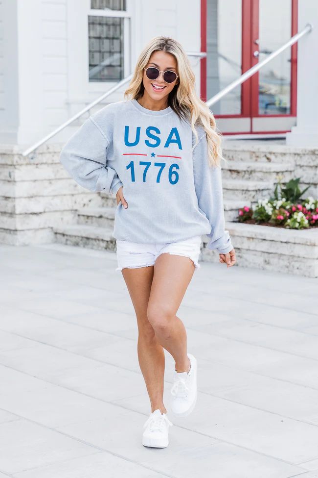 USA 1776 Faded Denim Corded Graphic Sweatshirt | Pink Lily