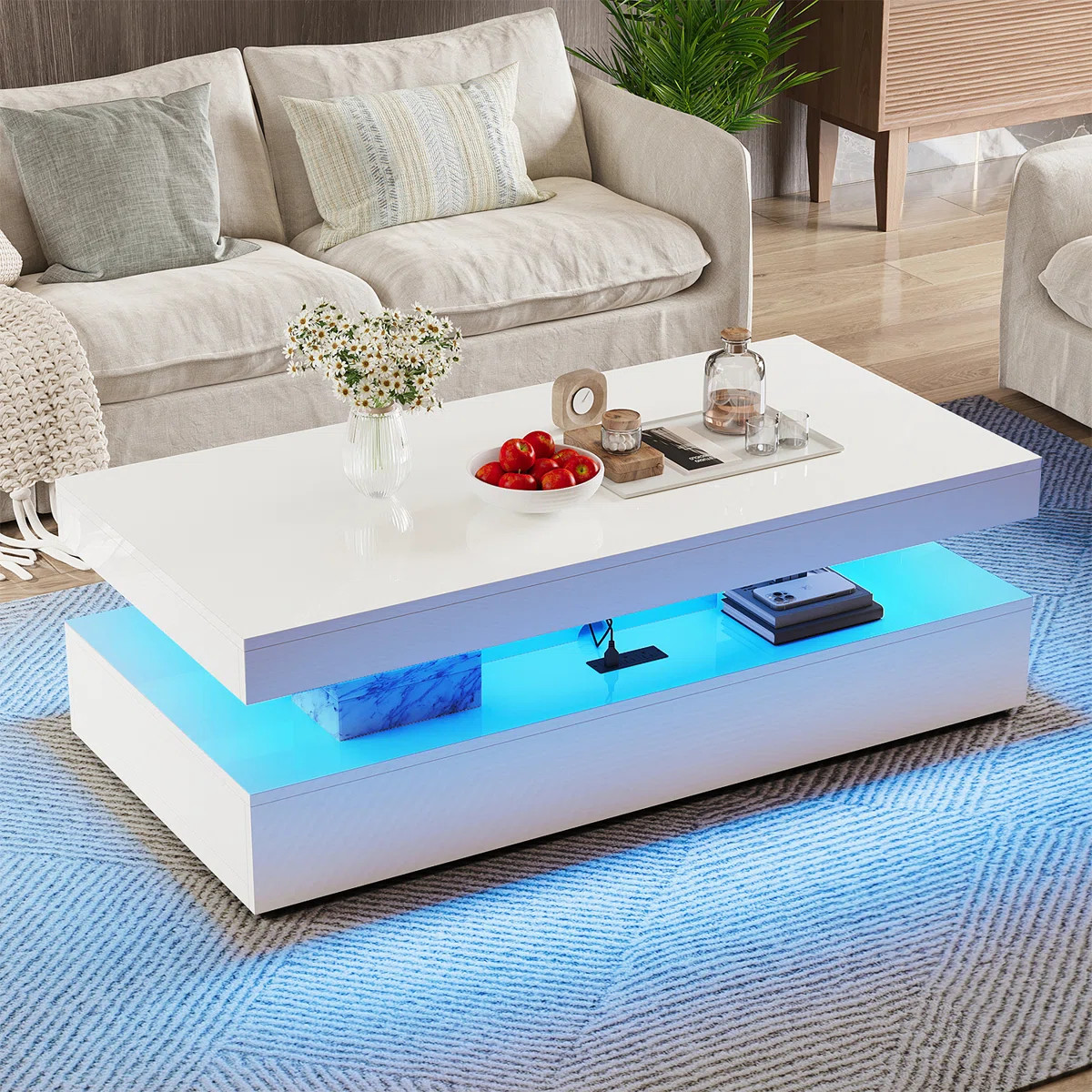 47” Coffee Table With 2 Sliding Drawers, Modern Stylish Double-Layer Center Tables With LED Lights For Living Room | Wayfair North America
