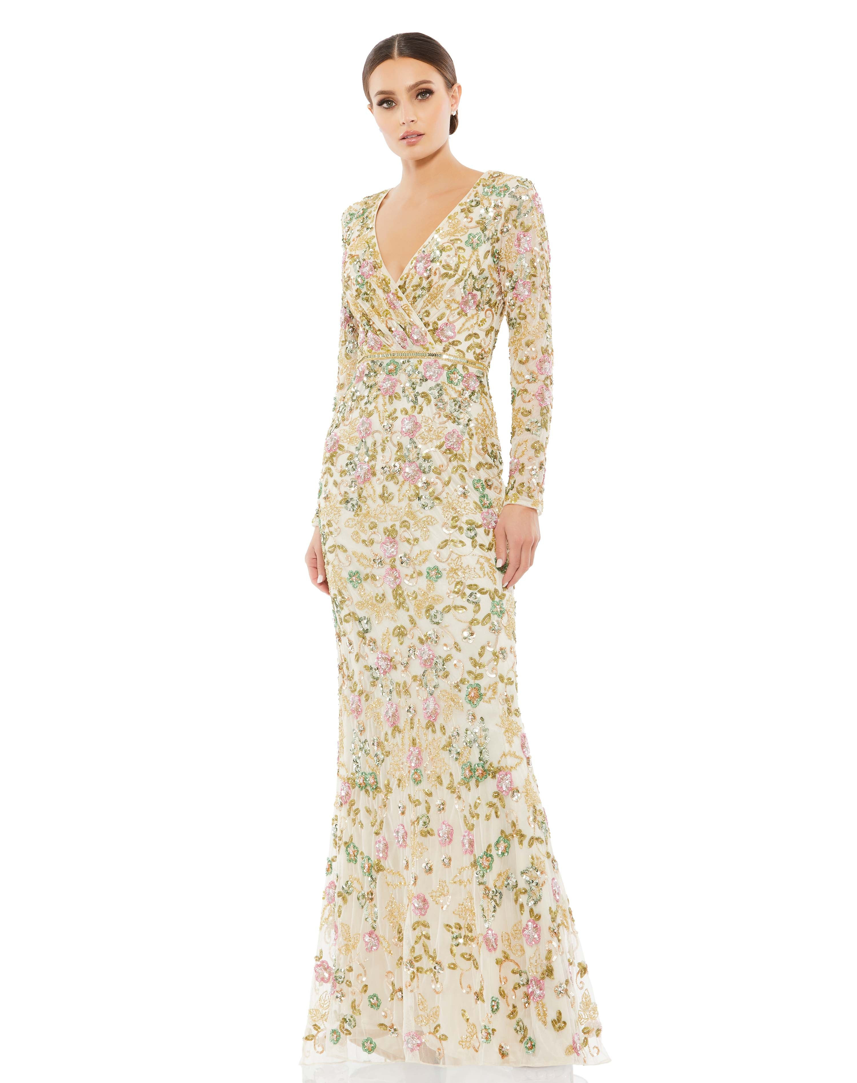 Long Sleeve Floral Embellished Gown | Mac Duggal