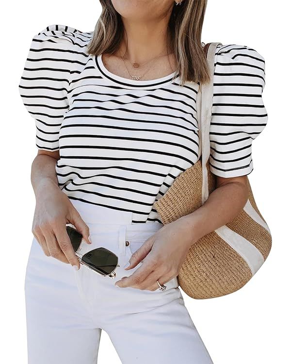 Tankaneo Womens Casual Summer T Shirts Striped Puff Short Sleeve Loose Fit Tunic Top | Amazon (US)