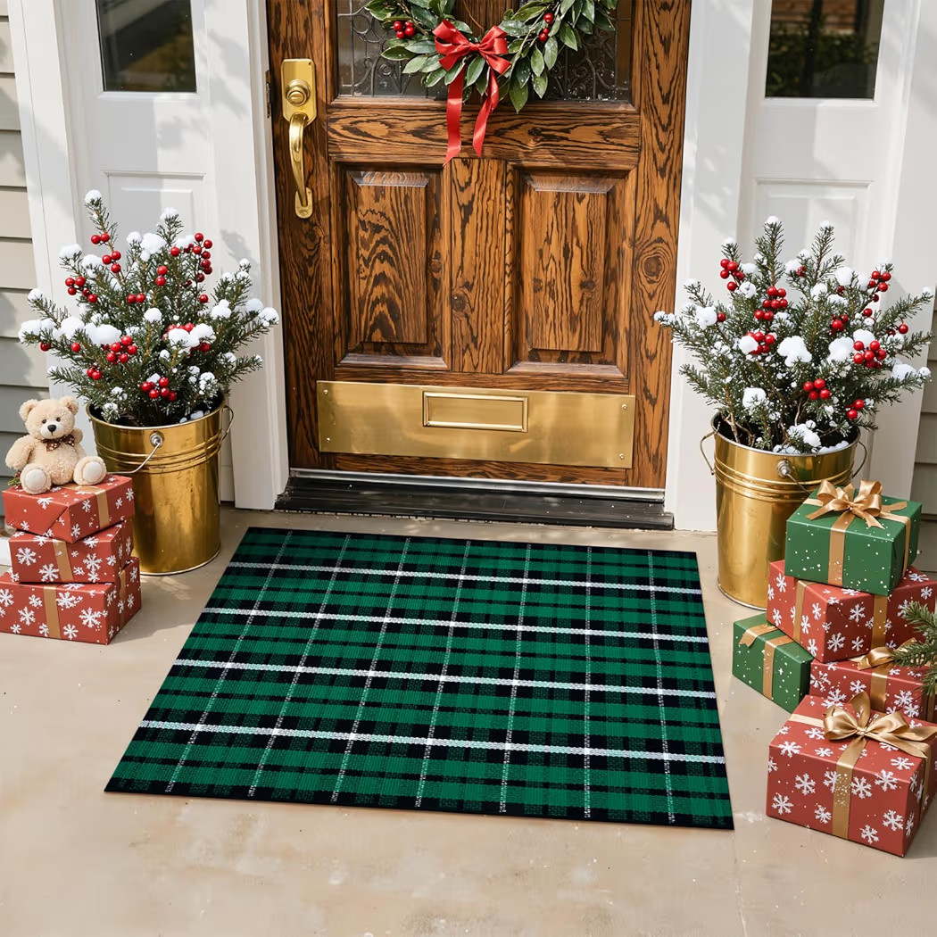LEEVAN Christmas Outdoor Rug 2x3, Buffalo Plaid Green and Black Checkered Entryway Rug, Washable ... | Amazon (US)
