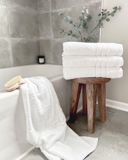 The coziest bath towels!  Bathroom decor, wooden accent stool 

#LTKhome #LTKstyletip #LTKfindsunder50