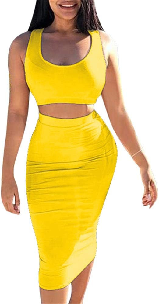 GOBLES Women's Sexy Summer Outfits Bodycon Tank Top Midi Skirt 2 Piece Dress | Amazon (US)