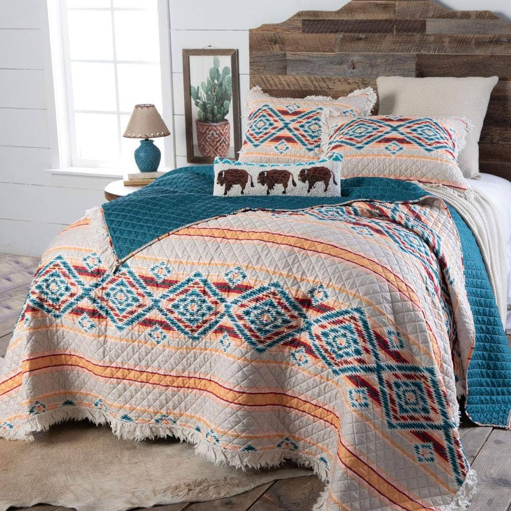 Rod's Sundance Southwest (Quilt Set) - Aztec Diamond Ruffle - Turquoise Blue Coral Red Tan - 2 Pi... | Amazon (US)