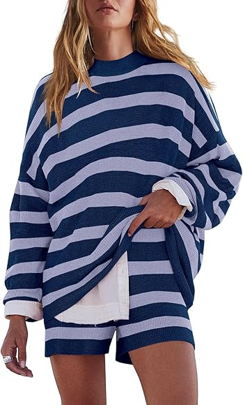 LAMISSCHE Womens Striped 2 Piece Oversized Lounge Sets Outfits Matching Pajama Set Long Sleeve Sw... | Amazon (US)