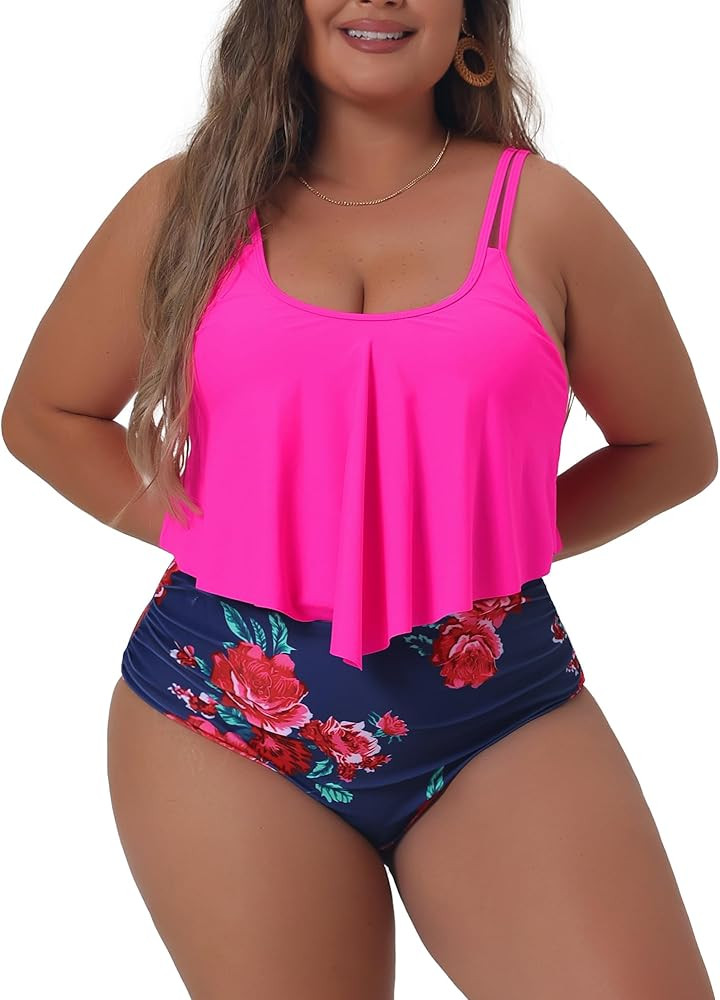 Agnes Orinda Plus Size Bikini Swimsuit for Women Floral Print High Waist Ruched 2 Piece Bathing S... | Amazon (US)