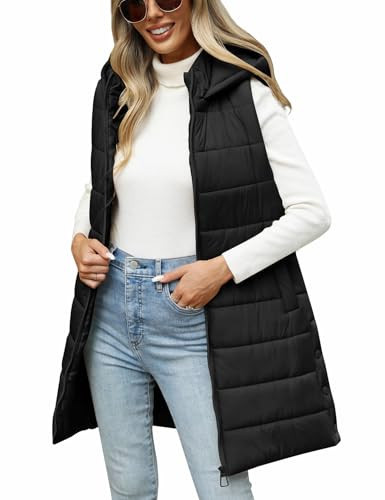 HEEKPEK Puffer Vest Women Long Hooded Sleeveless Zip Up Quilted Vests Outerwear Lightweight Puffy Jacket Fall Winter Coat (Black,Small) | Amazon (US)