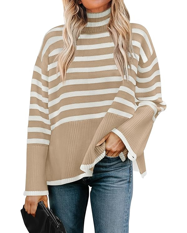 ZESICA Women's Winter Sweaters Casual Turtleneck Long Sleeve Striped Side Slit Loose Pullover Swe... | Amazon (US)