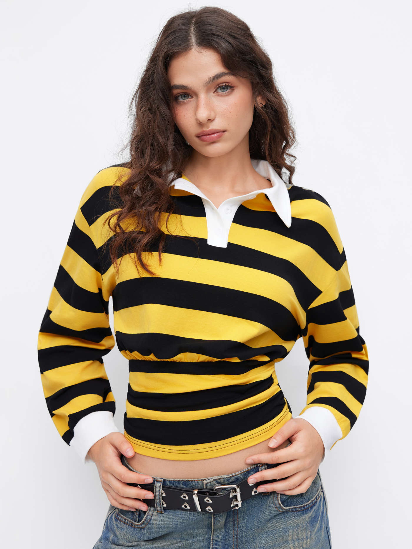 Cotton-blend Collar Striped Ruched Long Sleeve Oversized Tee | Cider