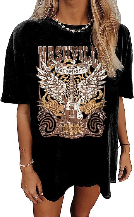 Nashville Music City T-Shirt Women Country Music Oversized Shirts Rock Band Tshirt Vintage Guitar... | Amazon (US)