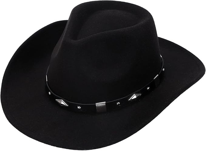 Men Women Felt Wide Brim Vintage Western Cowboy Hats Pinch Front Cowgirl Hat with Belt | Amazon (US)