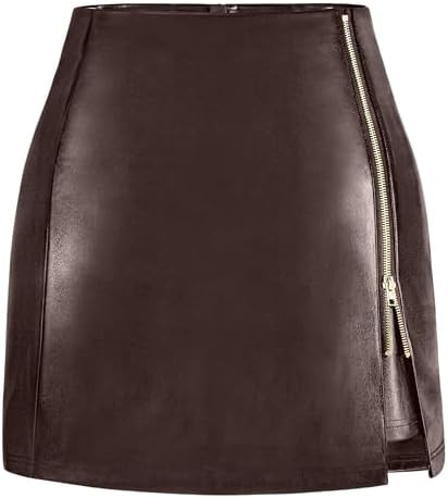 Women's Leather Mini Skirt Stretchy High Waisted Zipper Slit Faux Pleather Bodycon Short Pencil S... | Amazon (US)