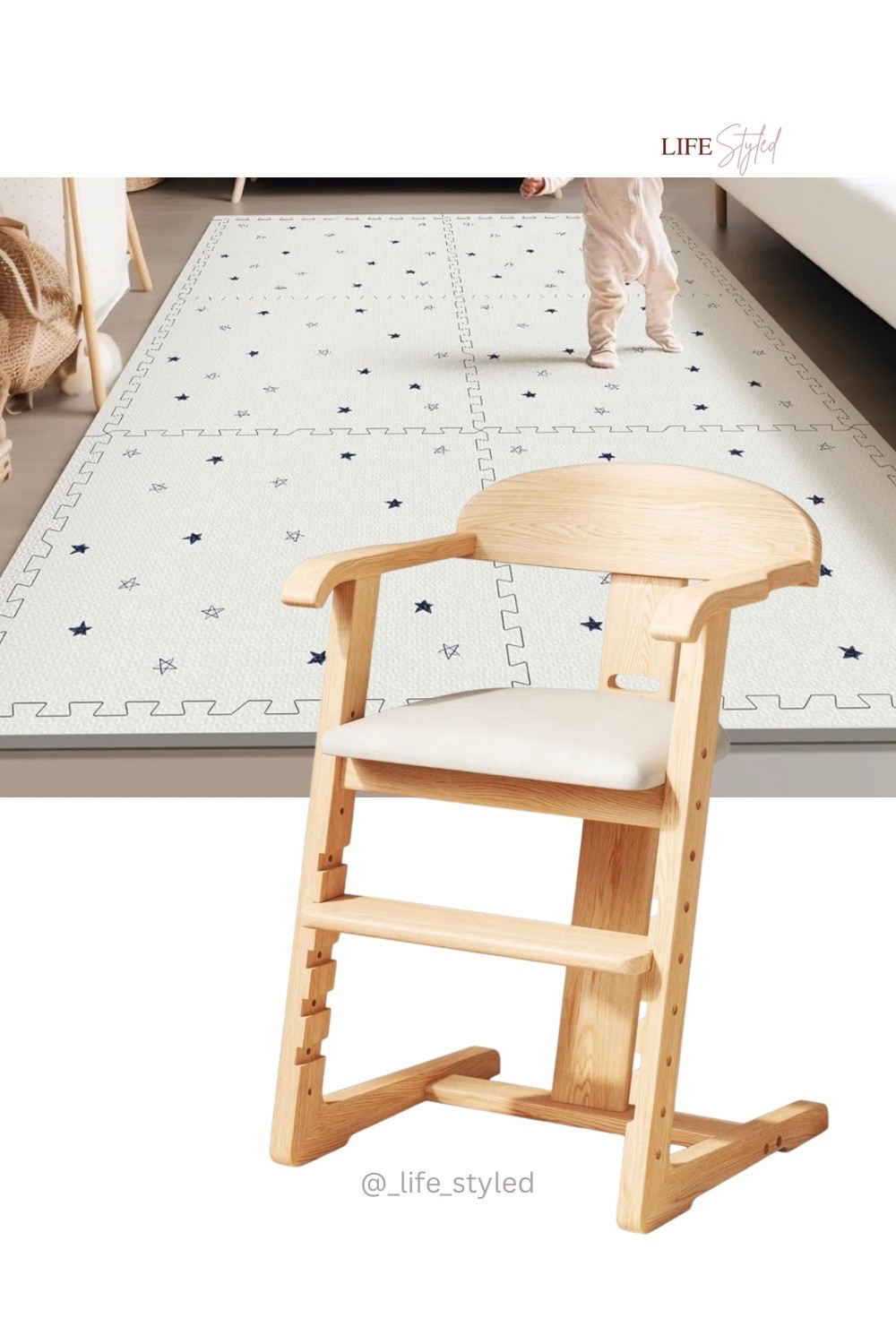 Foam play mat for the chaos. Adjustable solid wood chair for the tiny CEO energy.

#LTKmomlife #LTKKids #LTKHome
