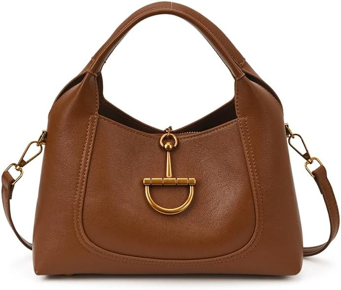 Classic Hobo Shoulder Bag with Gold Hardware, Brown Faux Leather, Crossbody Strap | Amazon (US)