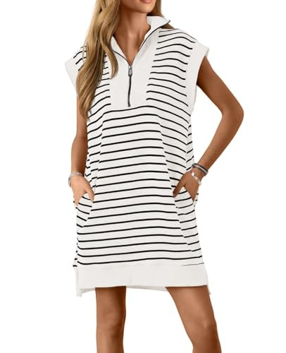 Wenrine Womens Striped Mini Dress Casual Zipper Cap Sleeve Collared V Neck Loose Knit Summer Dres... | Amazon (US)