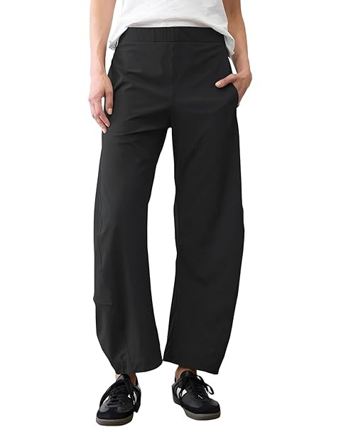 Womens Elastic Waist Ankle Pants Baggy Curved Tapered Leg Barrel Travel Pants with Pockets | Amazon (US)