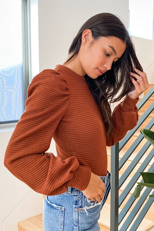 Subtle Drama Rust Brown Ribbed Balloon Sleeve Sweater Top | Lulus (US)