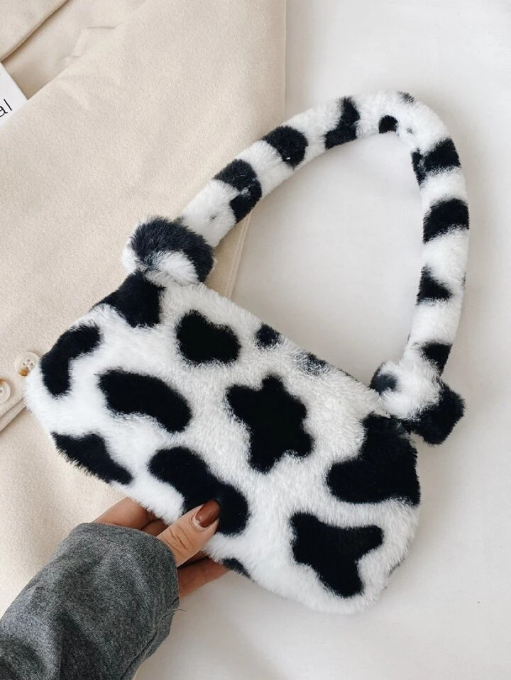 Fuzzy Cow print Baguette Bag | SHEIN