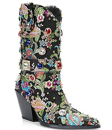 Azalea Wang Diligent Floral Brocade Stud and Jewel Ornamented Western Mid Calf Boots - 6.5 | Dillard's