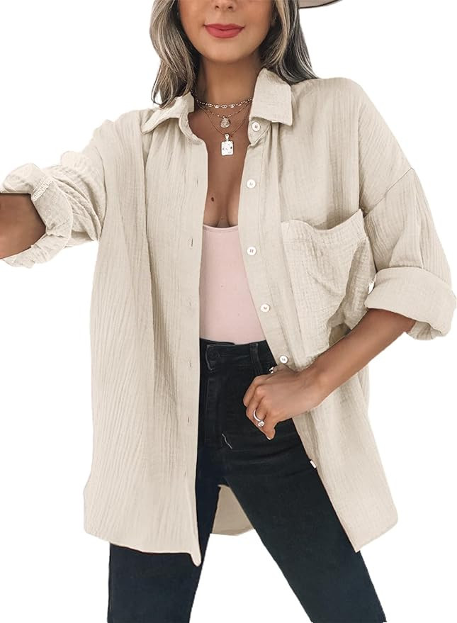 Dokotoo Womens Color Block Button Down Shirts Long Sleeve Oversized Boyfriend Blouses Tops | Amazon (US)