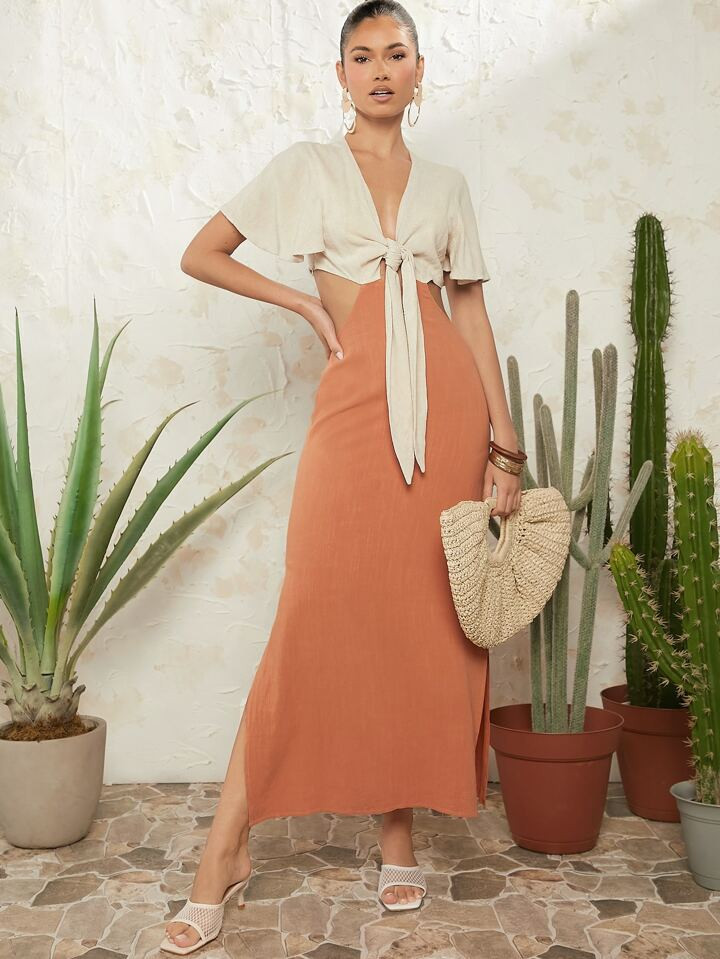 SHEIN VCAY Tie Front Cutout Waist Split Thigh Dress | SHEIN