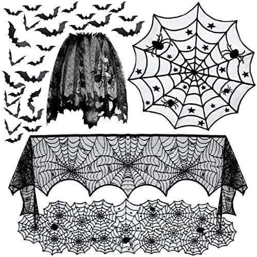 5pack Halloween Decorations Tablecloth Runner Black Lace Round Spider Cobweb Table Cover Fireplac... | Amazon (US)