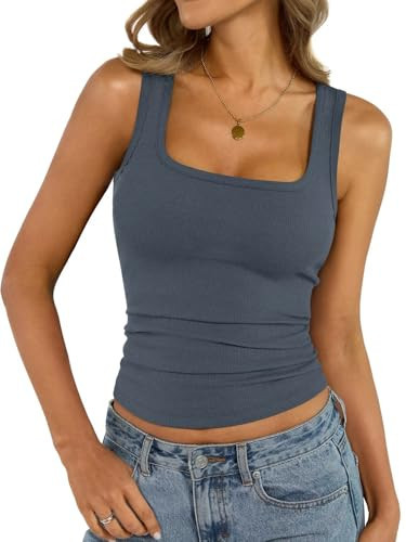 EasyGala Womens Cotton Square Neck Ribbed Tank Tops Fitted Thin Shoulder Strap Sleeveless Basic Summer Cami Clothes 2025 Grey Blue | Amazon (US)