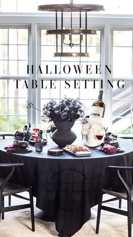 Halloween table setting/tablescape. 
Halloween decor
Pottery barn
Target 
Black 
Look for less
Wishbone dining chairs
Dining room
Halloween party 

#LTKhome #LTKHoliday #LTKHalloween